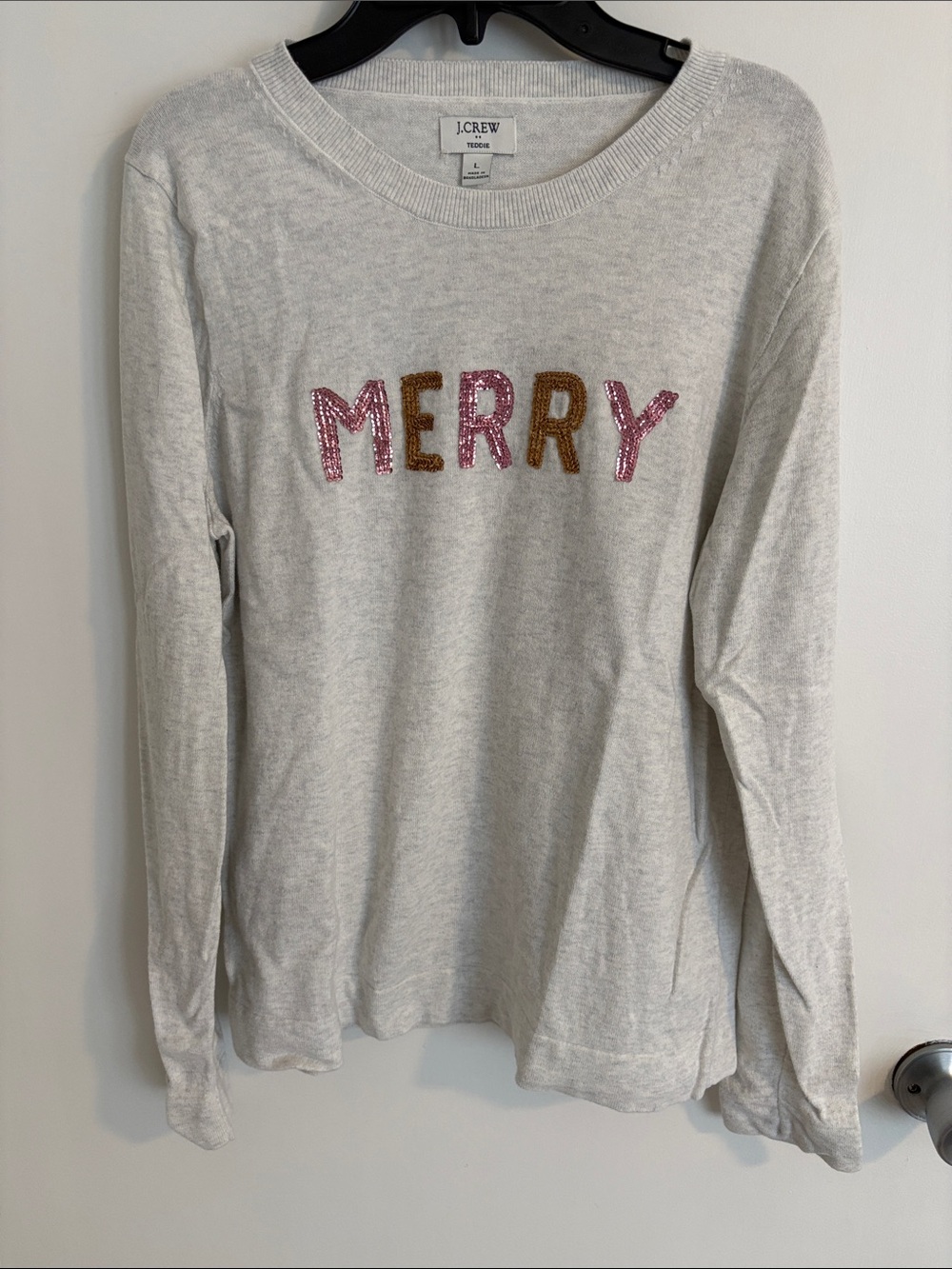 J. Crew Cream Crewneck Sweater with 'MERRY' Sequin Letters